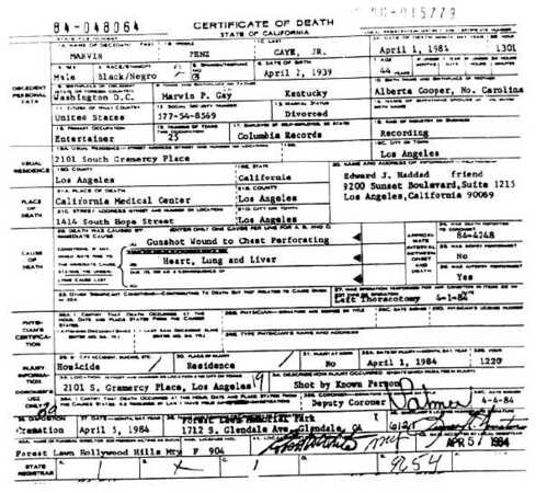 Marvin Gaye's death certificate (State of California)