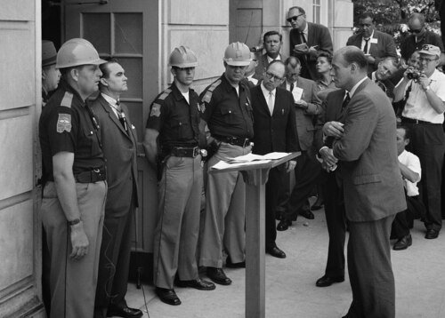 U.S. Deputy District Attorney Nicholas Katzenbach confronts Governor George Wallace "standing in the schoolhouse door" at the University of Alabama in 1963 (Warren K. Leffler, U.S. News & World Report Magazine)