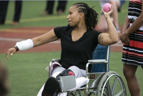 Capitol Police Officer Crystal Griner throws out the first pitch at a Capitol Hill women's softball game a week after suffering a gunshot wound to the ankle (africanamericanreports.com)