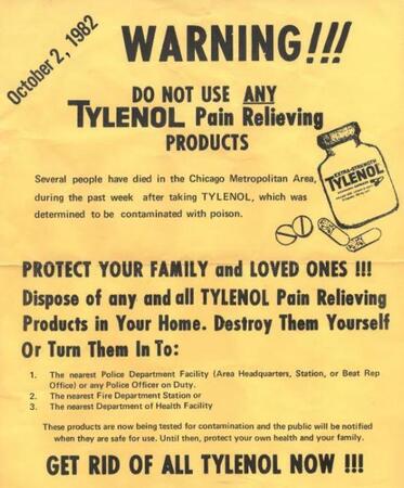 Poster advising households to destroy all Tylenol products (CBS News)