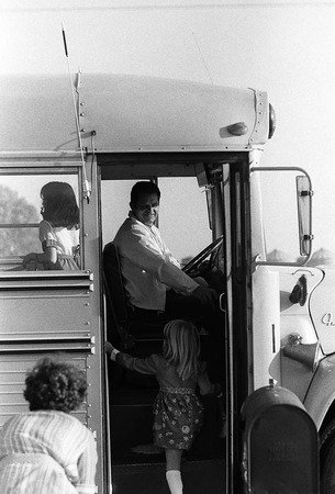 Ed Rau. the hero bus driver of the Chowchilla kidnapping, drives his bus as usual on September 13, 1976 (Associated Press)
