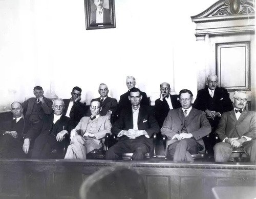 The jury that convicted Gordon Northcott. Prosecutors asked for an all-male jury, saying that the evidence would be too gruesome for any woman. (Los Angeles Times)