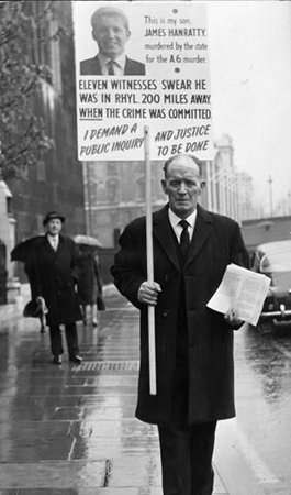 Hanratty's father, also named James Hanratty, protests outside the House of Commons on April 21, 1969, long after his son's execution (Keystone/Getty Images via murderpedia.org)